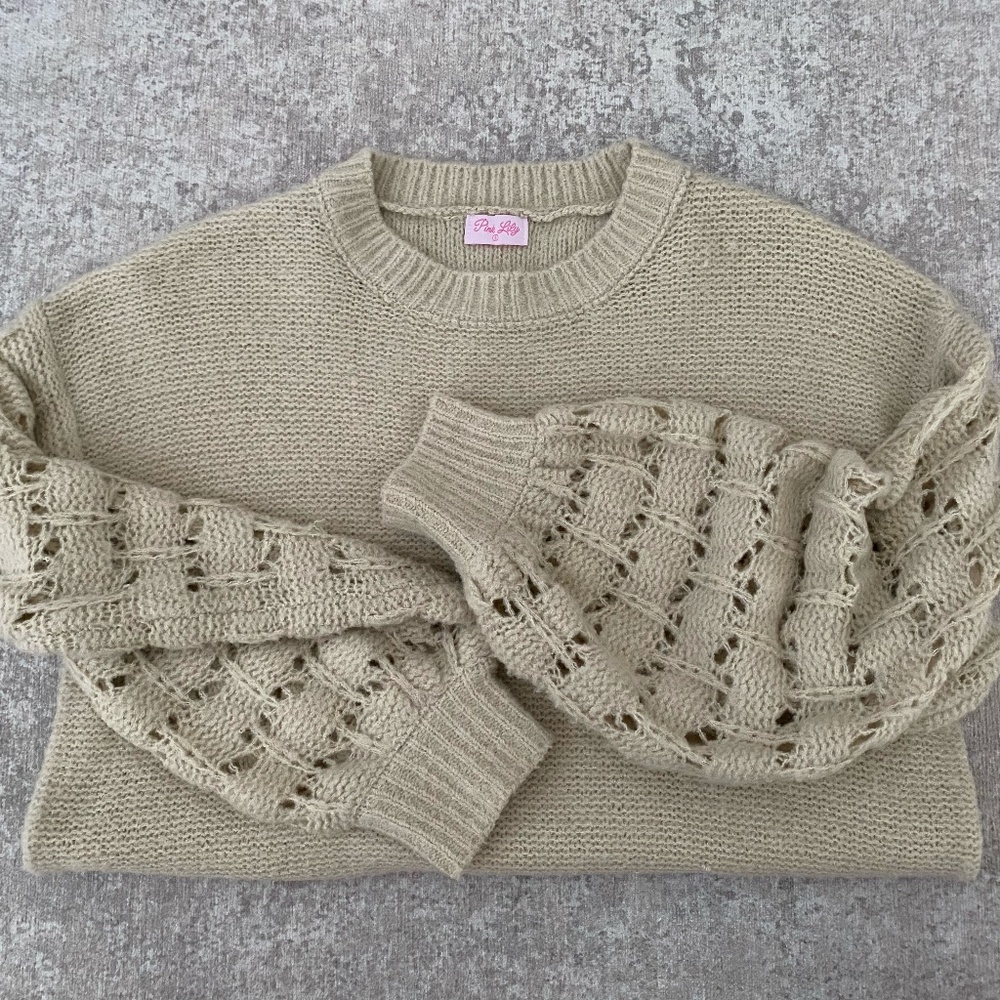 Pink Lily Beige Balloon Sleeve Cut Out Sweater (S)
